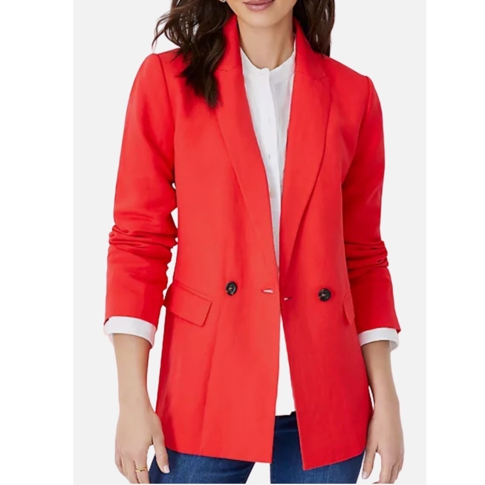 Ann Taylor Red Double Breasted Linen Blend Blazer Jacket Women Size 10
